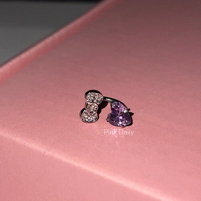 Wholesale  Cute  bow horseshoe ring pink love zircon titanium steel ear bone nail 1.2mm thick earrings