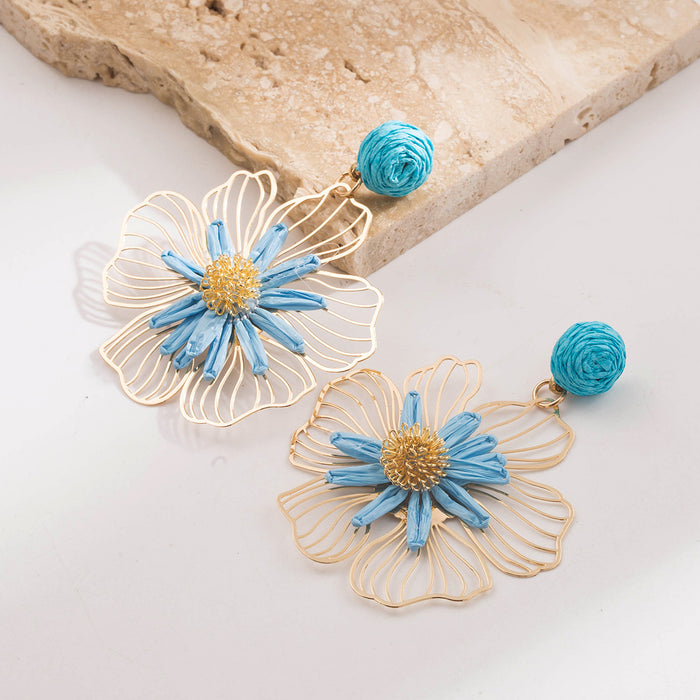 Wholesale Raffia Flower Earrings Yellow Alloy Jewelry Accessory Gift Boutique