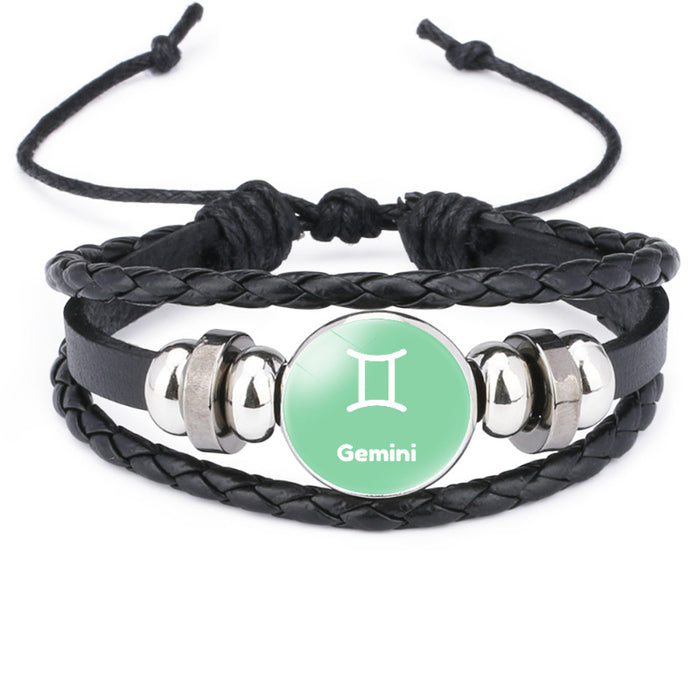 Wholesale Twelve Constellations Time Gemstone Black Leather Multi-layer Braided Bracelet JDC-BT-DMu003