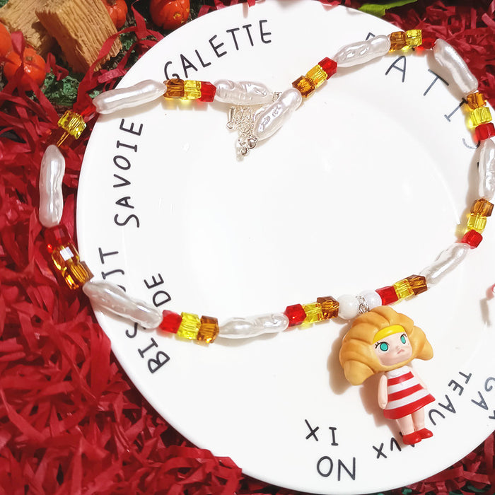 Wholesale Crystal Beaded Cute Bubble Mart Cute Ballet Croissant Doll Short Necklace Necklace for Women