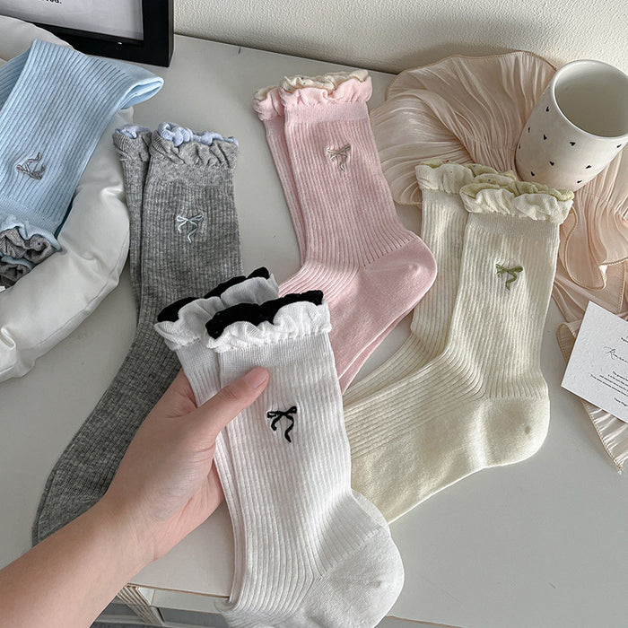 Wholesale Thin double-layer bubble mouth lace bow middle tube socks stacked with cotton socks