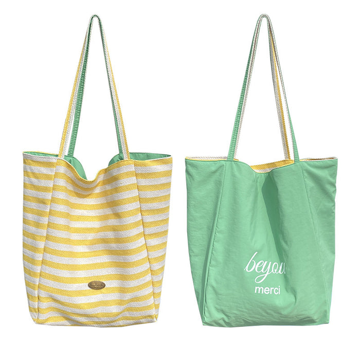 Wholesale Striped canvas bag, casual large capacity, reversible single shoulder tote bag, commuting bag