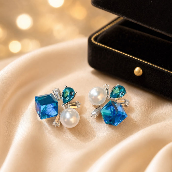 Wholesale Red Crystal Pearl Stud Earrings with Irregular Geometric Zircon Inlay
