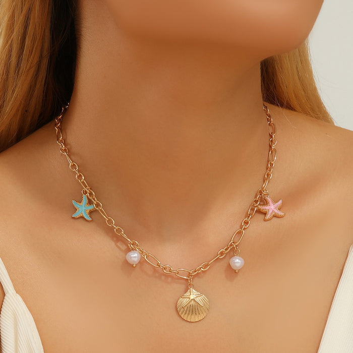 Wholesale Starfish Shell Pearl Pendant Necklace Clavicle Chain for Women