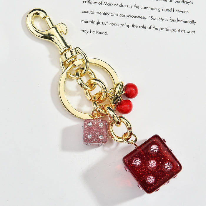 Wholesale dice bag hanging vintage cherry keychain pendant bag hanging dice glitter pink