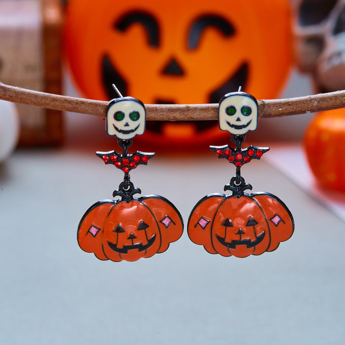 Wholesale Dark Drip Oil Rhinestone Earrings Skull Pumpkin Bat Design Alloy Party Wear