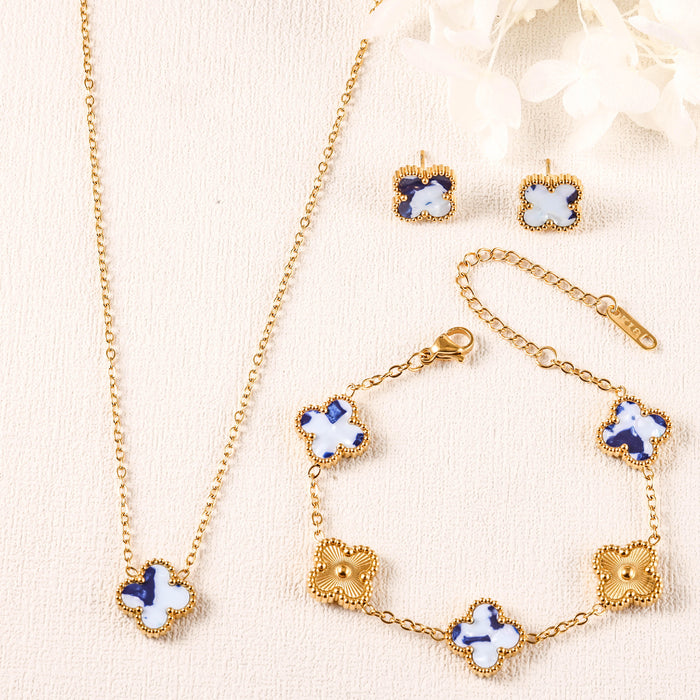 Wholesale Stainless Steel Four-Leaf Clover Gold-Plated Jewelry Set