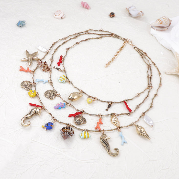 Wholesale leisure vacation ocean wind alloy seahorse conch sea star three-layer