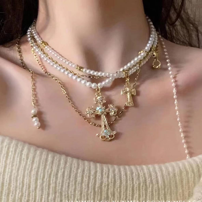 Wholesale Multi-layer Cross Pearl Alloy Necklace JDC-NE-LaiL010