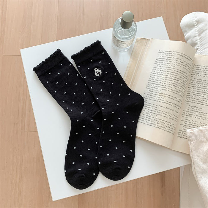 Wholesale Mid length socks, cotton socks, rolled edge striped pile socks, embroidered long socks