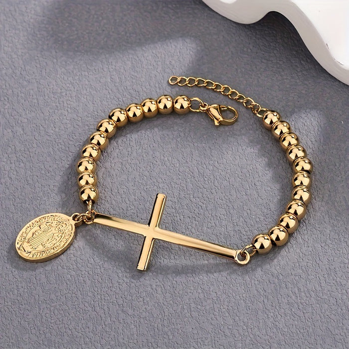Wholesale Stainless steel round bead bead string bracelet with cross hanging tag