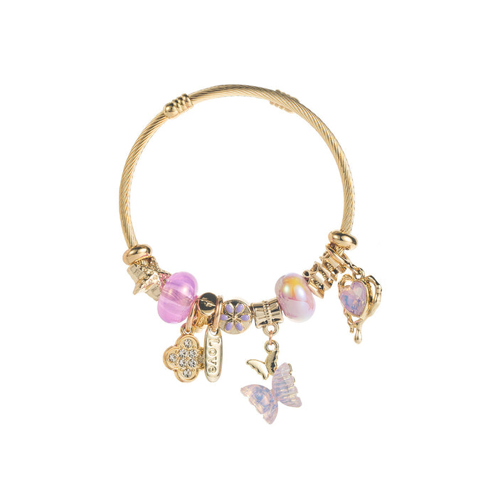 Wholesale Stylish Purple Stainless Steel Charm Bracelet With Diamond Set Four Leaf Clover Butterfly Heart And LOVE Pendant Fashion Accessory