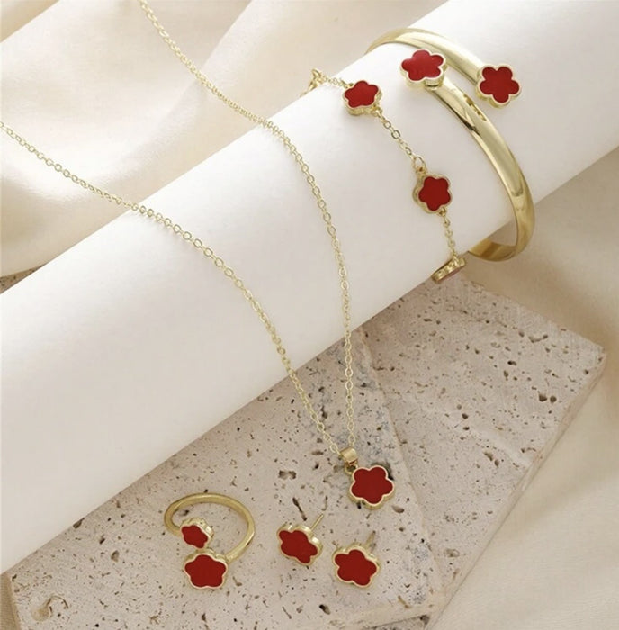 Wholesale Brilliant Lucky Flower Jewelry Set Bracelet Five Leaf Grass Necklace Ring Earnail JDC-NE-AH001