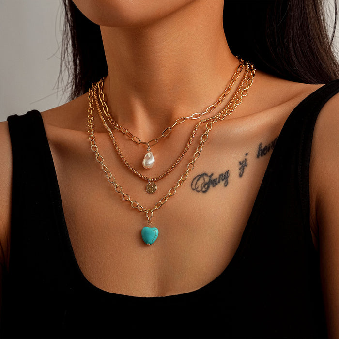 Wholesale Retro Bohemian Heart Turquoise 3-Piece Set Necklace
