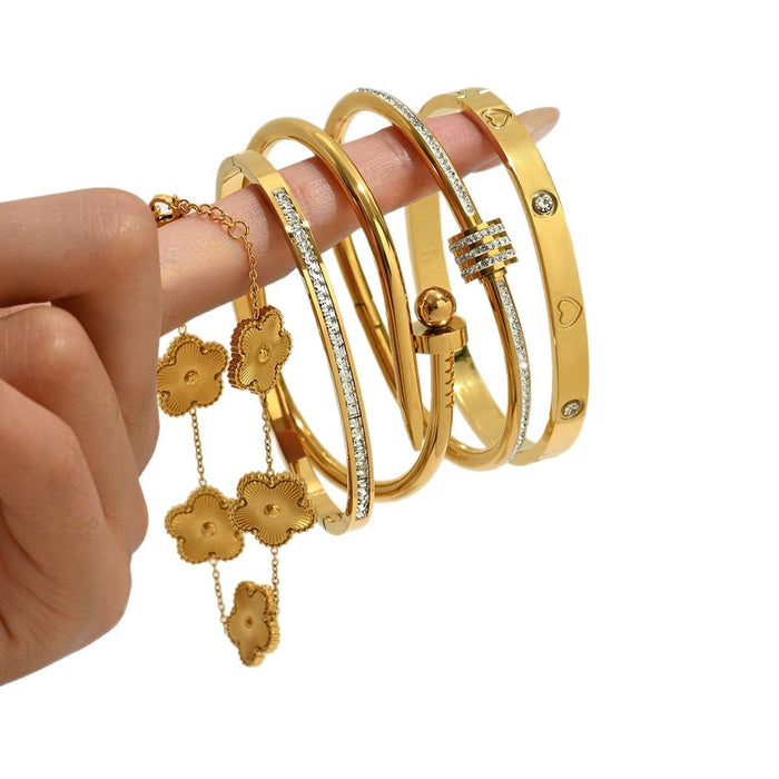 Wholesale Gold Tone Titanium Steel  Bangle Set With Rhinestone Row Trendy Jewelry Accessory For Party Or Everyday Gift