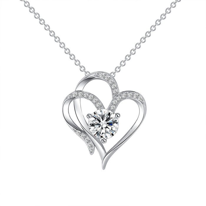 Wholesale Cross border platinum double heart pendant necklace with elegant temperament and high-end feel, set with zircon heart necklace