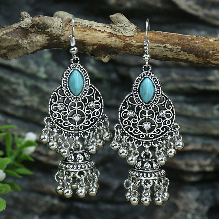 Wholesale Exquisite earrings inlaid with turquoise, women's retro alloy bells, versatile and beautiful earrings
