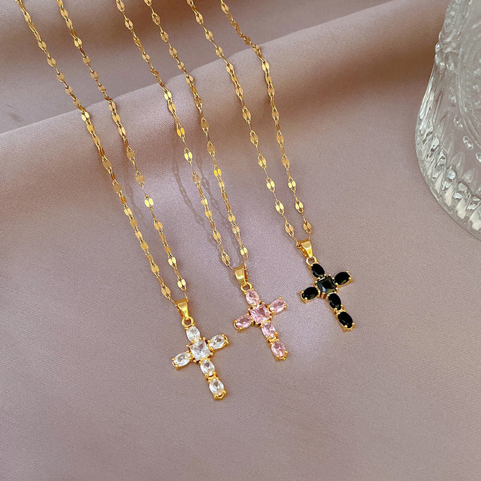 Wholesale Titanium Steel Micro-inlaid Light Luxury Zircon Cross Necklace JDC-NE-LG043