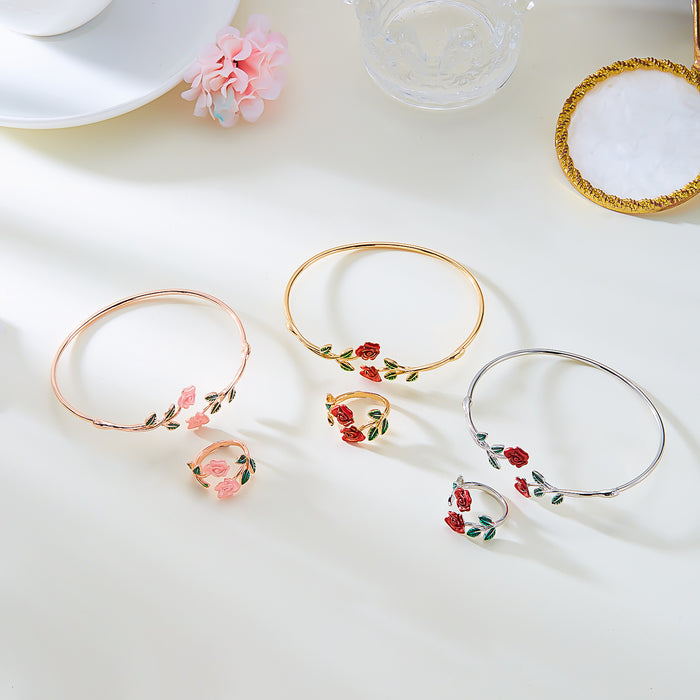 Wholesale Alloy  Rose Flower Opening Bracelet Ring suit Fashion Temperament