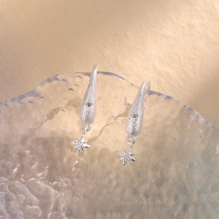 Wholesale Sparkling Diamond Brushed Water Drop Four Star Earrings with Personalized Design, Matte Zircon Cross Star Earhook, Star Star Earnail