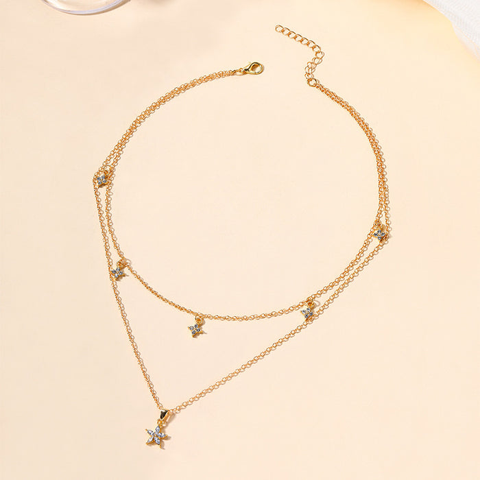 Wholesale New minimalist jewelry alloy diamond studded pentagonal star necklace, personalized flower multi-layer necklace