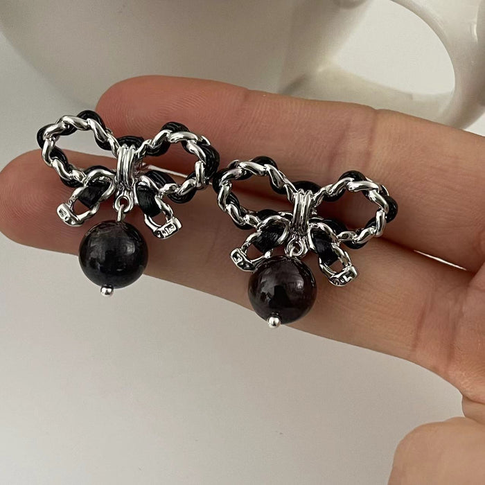 Wholesale Metal Leather Cord Black Pearl Bow Earrings JDC-ES-LuY001