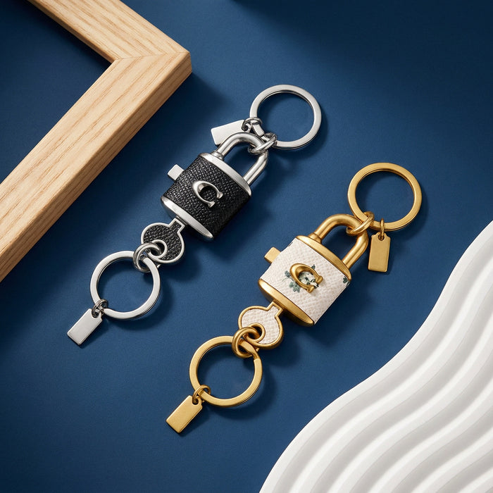 Wholesale Electroplated Alloy C Emblem Lock Keychain Retro Black White Bag Charm Car Key Accessory Boutique Resale Gift