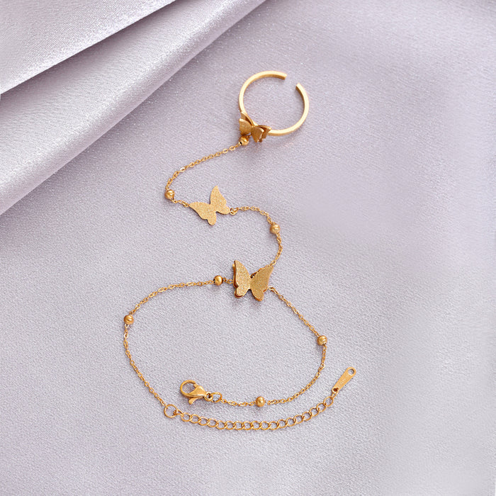 Wholesale Fashion girl bracelet with frosted butterfly titanium steel beads, adjustable opening ring, finger chain