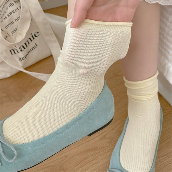 Wholesale Boneless solid color rolled edge vertical strip thin breathable cotton elastic mouth middle tube stacking socks