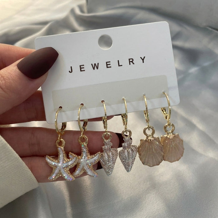 Wholesale Ocean Themed Seashell Starfish Earrings Set 3 Pairs Fashion Accessories MOQ≥2