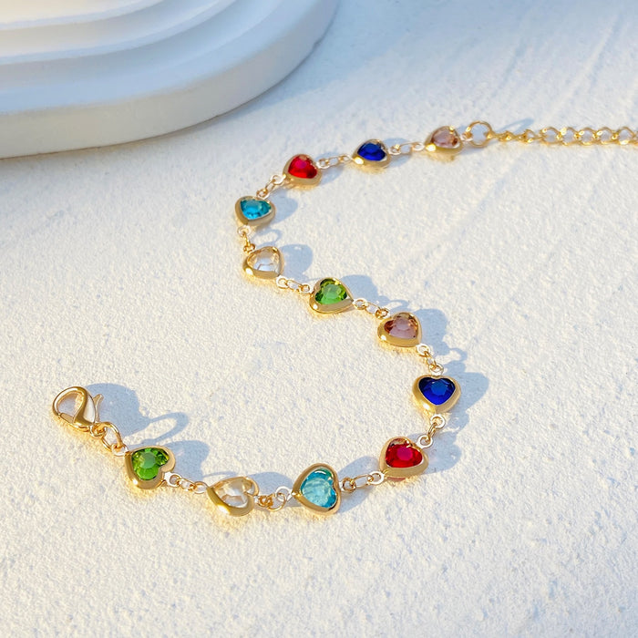 Wholesale Colorful heart-shaped zircon bracelet, temperament alloy heart-shaped dopamine bracelet
