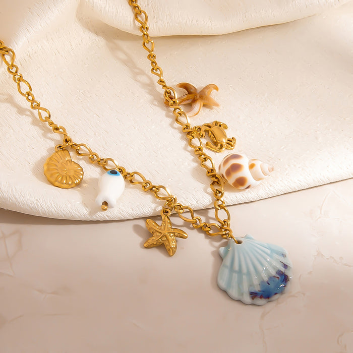 Wholesale Stainless Steel Necklace Exaggerated Big Fishtail Colorful Big Shell Ocean Style Multi-Element  Gold Clavicle Chain