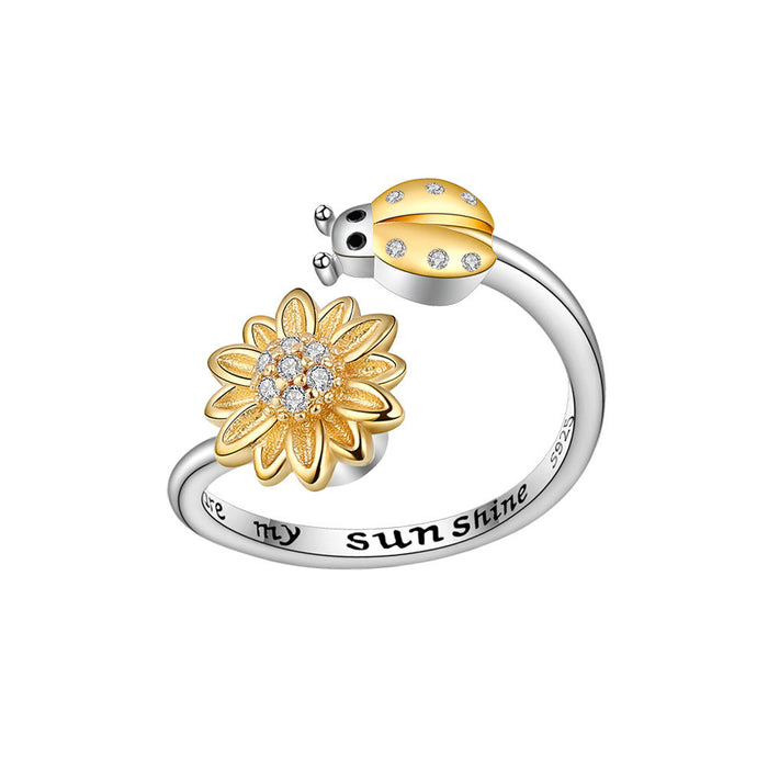Wholesale Trendy Sunflower Ladybug Adjustable Ring White Gold Tone Copper Electroplated Finish Creative You Are My Sunshine Jewelry Accessory For Women