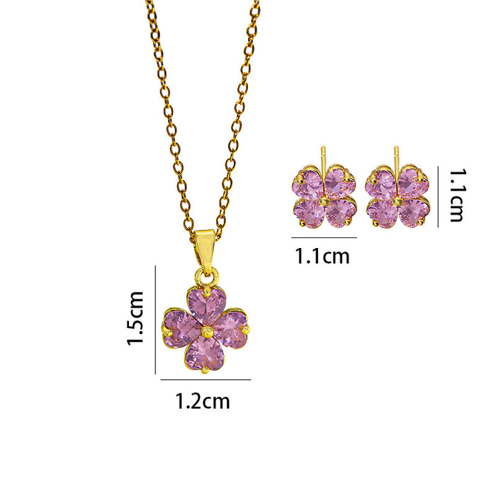 Wholesale Copper-set zircon four-leaf clover colored Titanium steel pendant necklace and earring set