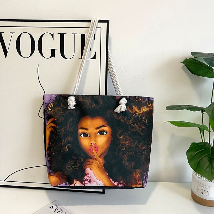 Wholesale Outdoor practical versatile retro canvas bag cartoon print portable beach bag large capacity
