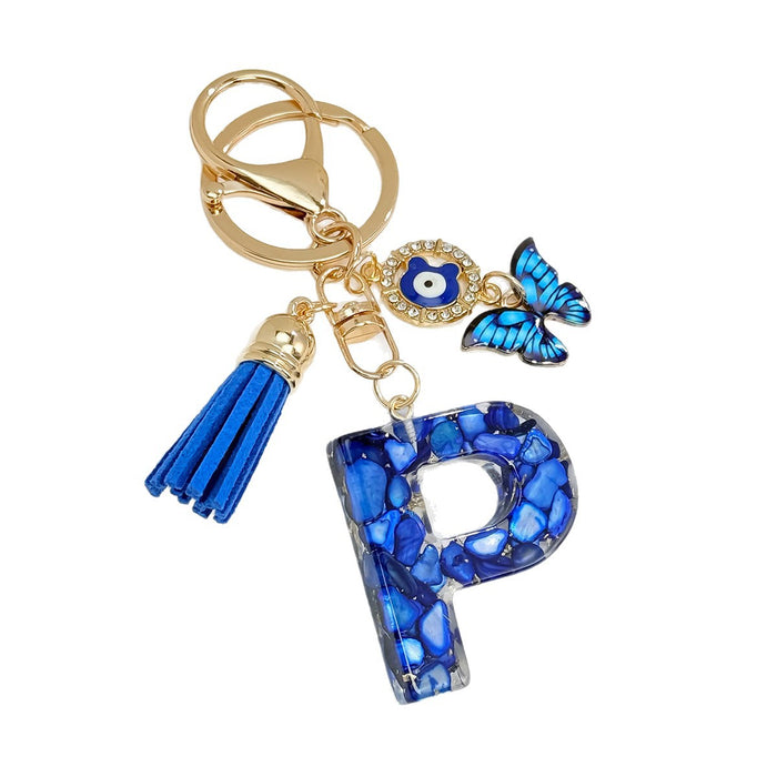 Wholesale Royal Blue 26 Letter Keychain with Evil Eye Butterfly Tassel Pendant