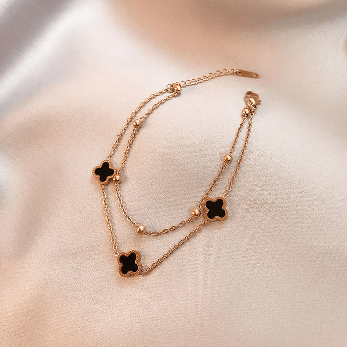 Wholesale [Full Titanium Steel] Non-Fading Four-Leaf Clover Bracelet, Fashionable Double-Layer Chain