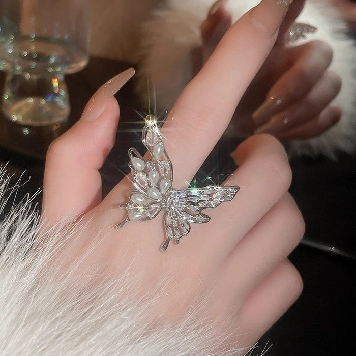 Wholesale Light luxury zircon butterfly pearl open ring with high-end temperament, index finger ring, fashionable and versatile ring accessories