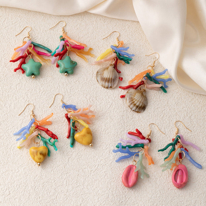 Wholesale Dopamine Vacation Style Conch Earrings Personalized Niche Starfish Seaweed Design Colorful Shell Ear Hooks