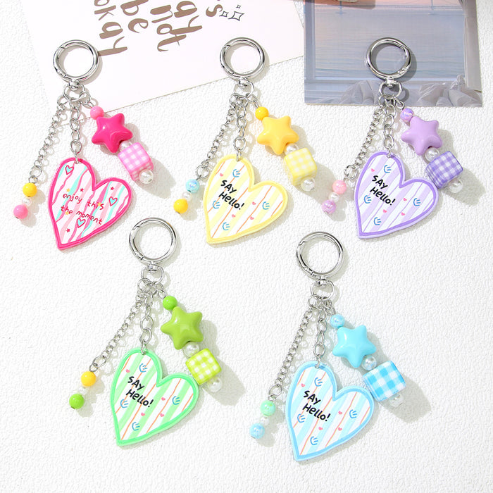 Wholesale Acrylic Heart Star Keychain Pendant Handmade Beaded Bag Charm Trendy Car Key Accessory Gift