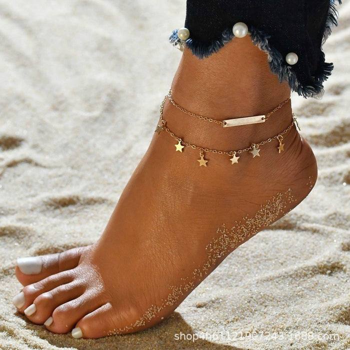 Wholesale Beach multi-layer zircon leaves, octagonal pearl ankle chain, sun moon star pattern jewelry