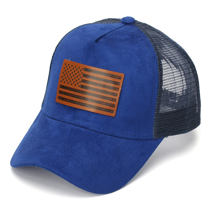 Wholesale Stylish American Flag Leather Patch Trucker Cap Suede Mesh Baseball Cap Summer Casual