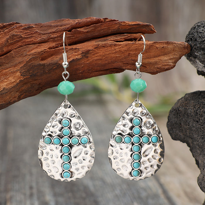 Wholesale Drop-Shaped Hammered Bohemian Earrings Inlaid with Synthetic Turquoise Cross Earrings