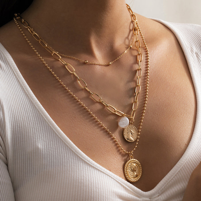 Wholesale  Baroque Figure Embossed Necklace Female Alien Imitation Pearl Ball-point Chain Neck Chain