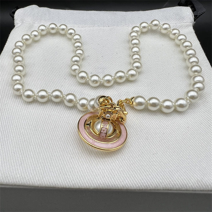 Wholesale Pearl Enamel 3D Saturn Pendant Long Necklace