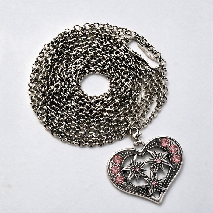 Wholesale Retro Edelweiss Long Pendant Necklace Red Heart Shaped Alloy Charm Bavarian Beer Festival Style Layered Fashion Jewelry Accessory