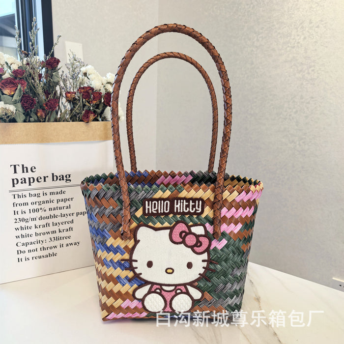 Wholesale Cat Handbag Woven Accompanying Gift Girl' s Large Capacity Vegetable Basket Handmade Woven Bag Women' s Fashion Beach Bag