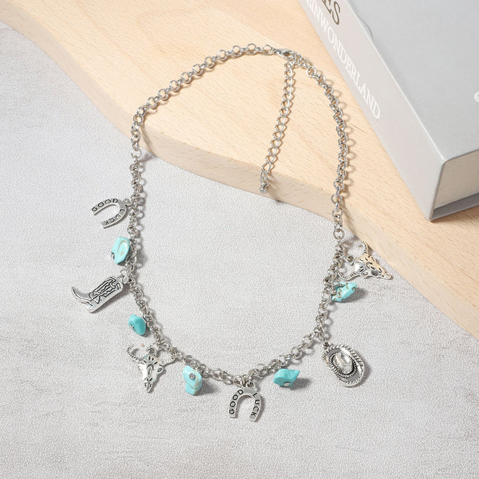 Wholesale western Denim retro ethnic style imitation turquoise alloy cow's head boots hat Necklace