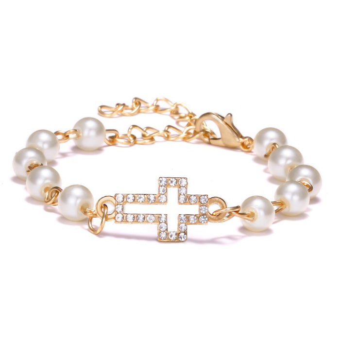 Wholesale Cross 8-shaped Round Hollow Rhinestone Pearl Bracelet JDC-BT-Chuya001