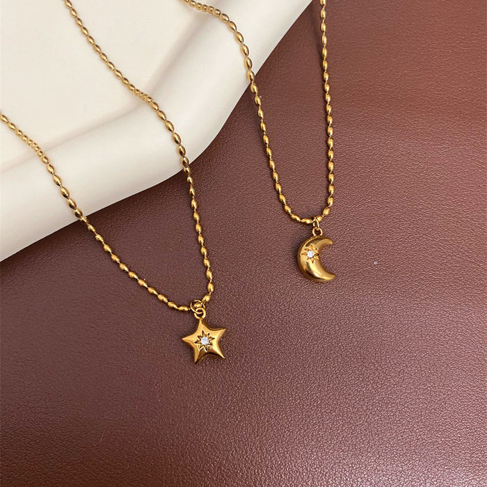 Wholesale Diamond-studded eight-pointed star and moon titanium steel necklace